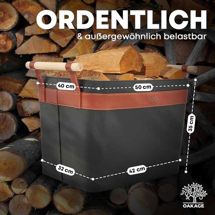 OAKAGE® Holzkorb für Kaminholz Gross aus veganem Leder Kaminholzkorb Feuerholzkorb Brennholzkorb Kam