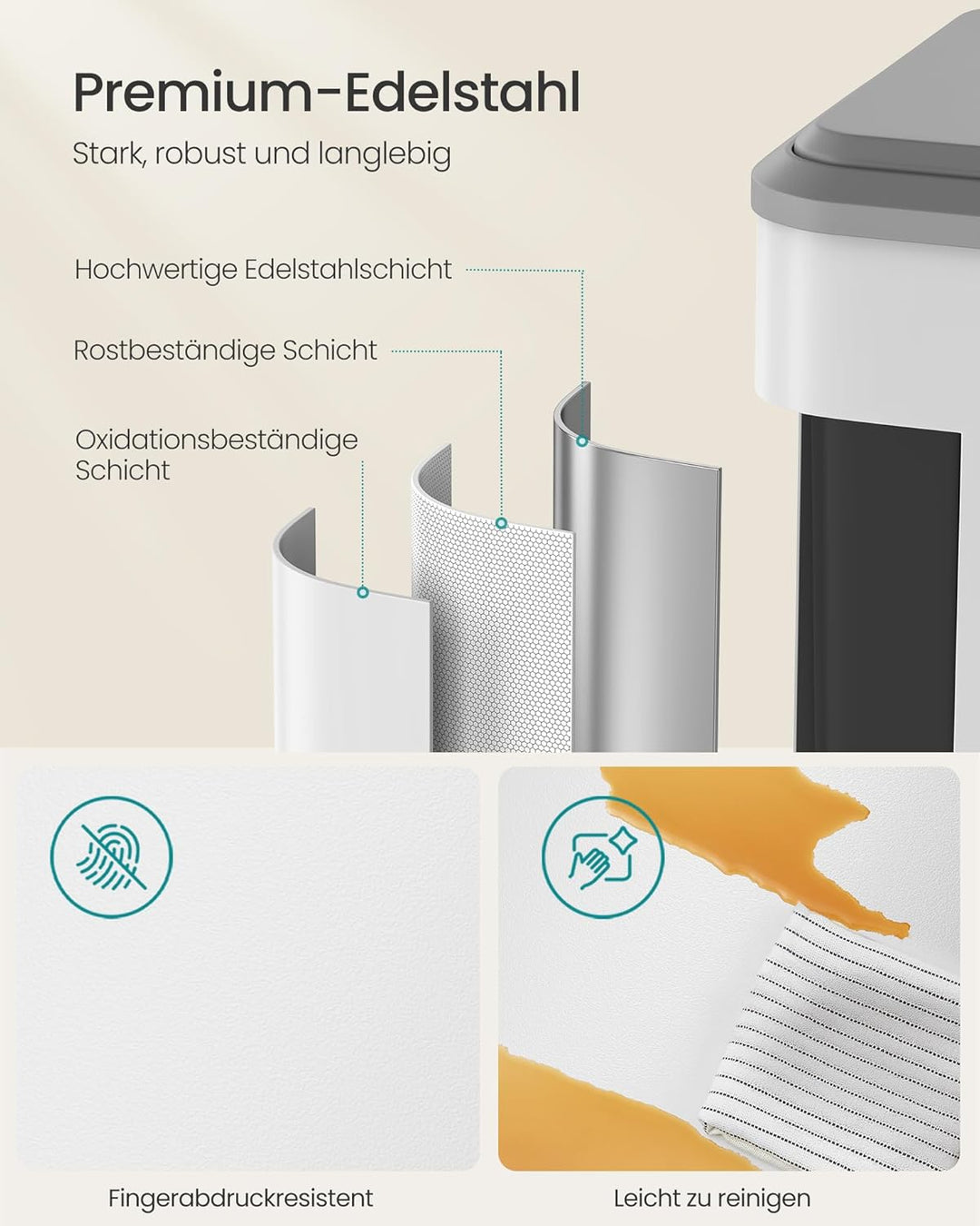 SONGMICS Mülleimer Küche, Mülltrennsystem 2 x 30 L, 2 Fächer für Recycling und Restmüll, Abfalleimer