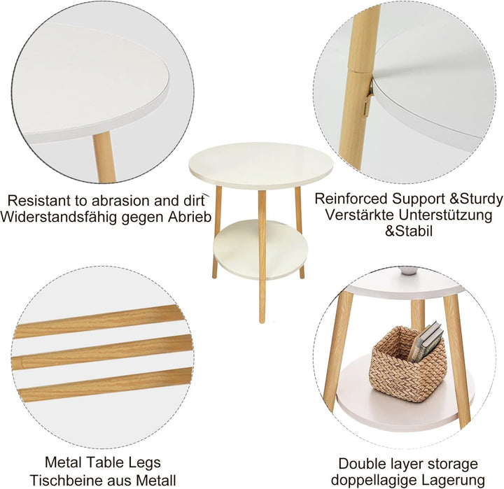 KZOBYD Beistelltisch mit 2 Ablagen rund Couchtisch mit Stauraum, 2-Ebenen Sofatisch mit runden Einle