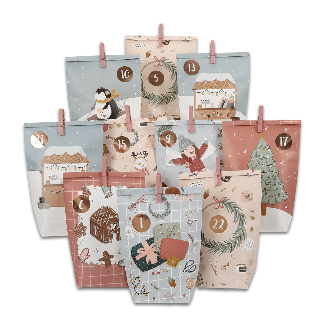 Papierdrachen Adventskalender 2025 zum Befüllen - 24 bedruckte Papiertüten in Eisblau & Rosa mit Zah