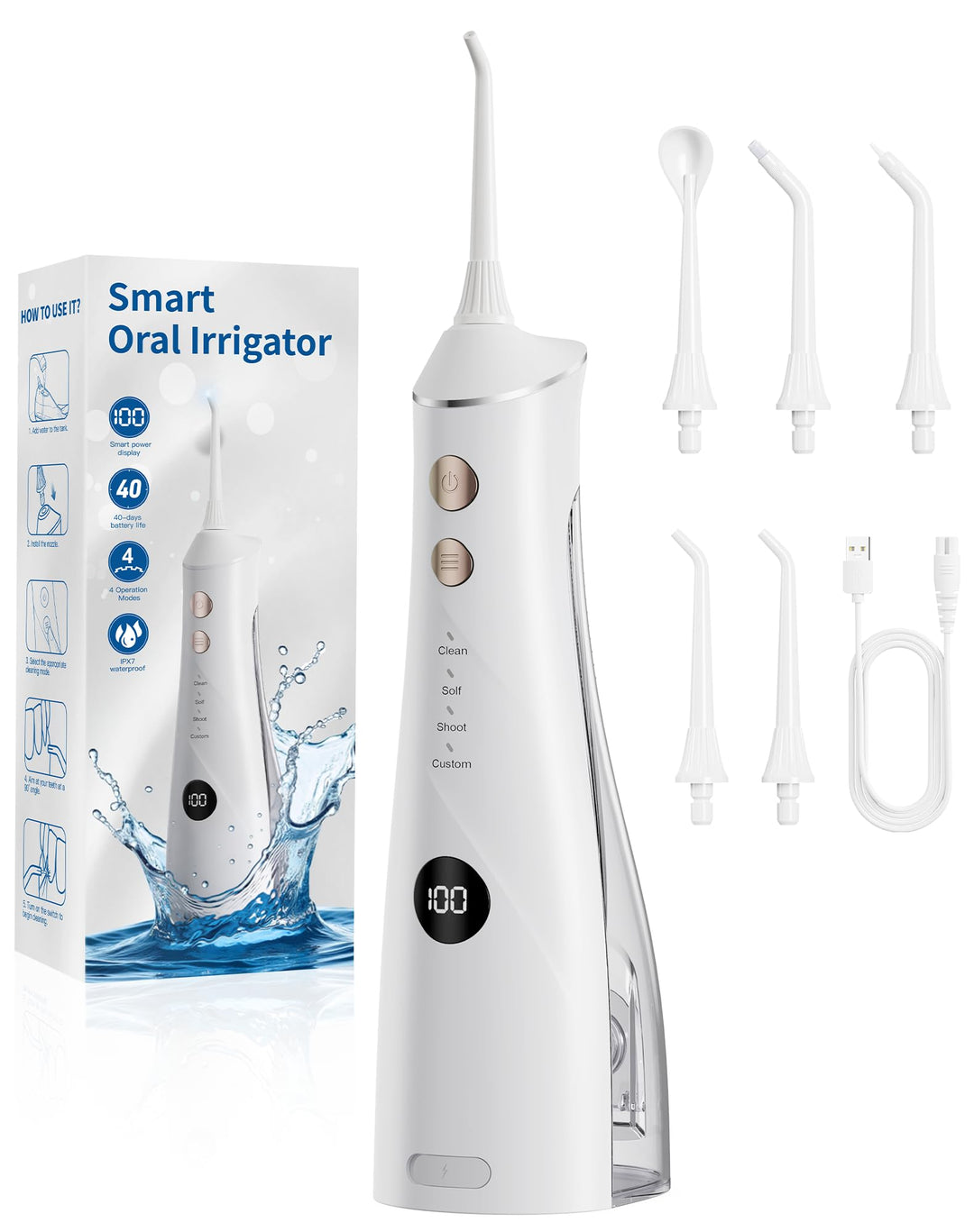 Munddusche Kabellos Elektrischer, 2025 Testsieger, 5 Jet-Tipps und 4 Modi, Smart-Display, Zahnpflege