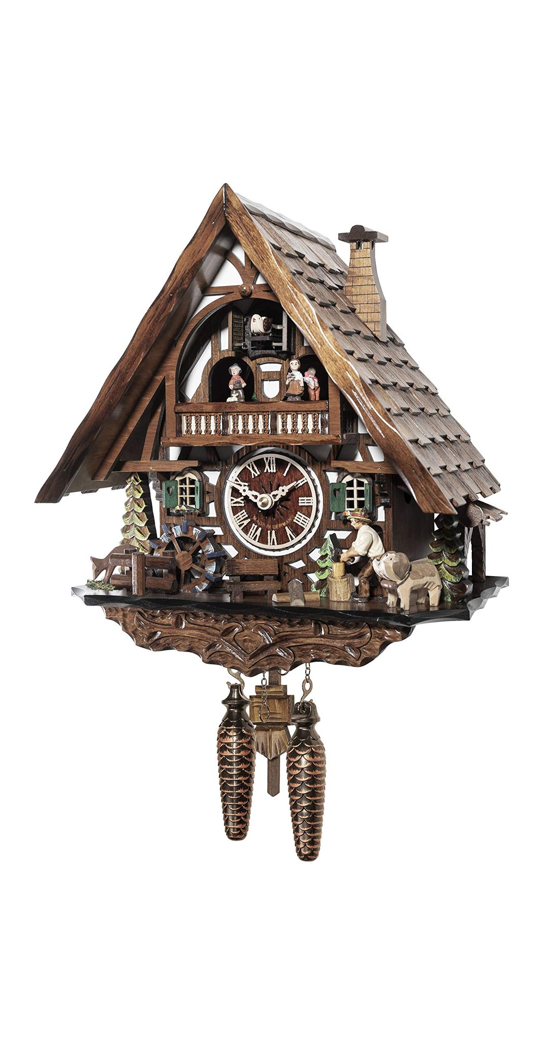 Engstler Quarz Kuckucksuhr Schwarzwaldhaus mit Musik und Tänzern, beweglichem Holzhacker