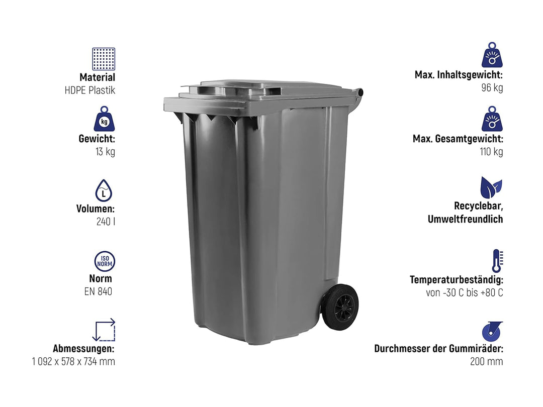 Hardwex Mülltonne mit 2 Rädern und Deckel, Müllgrossbehälter, Abfalltonne, Mülleimer, Volumen: 240 L