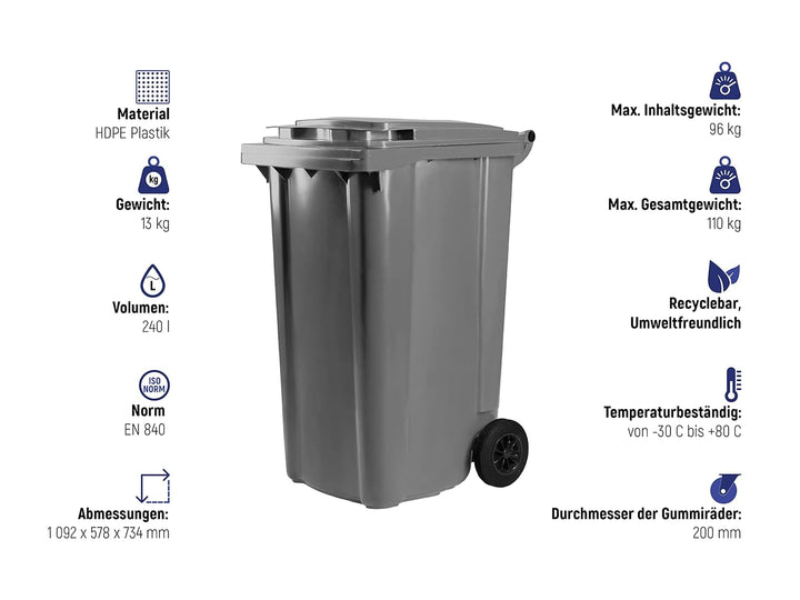 Hardwex Mülltonne mit 2 Rädern und Deckel, Müllgrossbehälter, Abfalltonne, Mülleimer, Volumen: 240 L