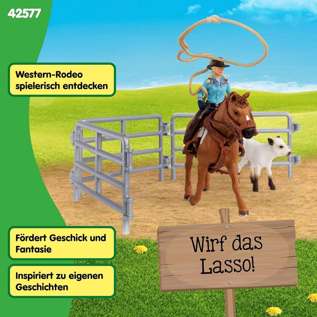 SCHLEICH Farm World | Westernreiten mit Cowgirl 42577 | Bauernhof Set mit Reiterin, Pferd, Kuh sowie