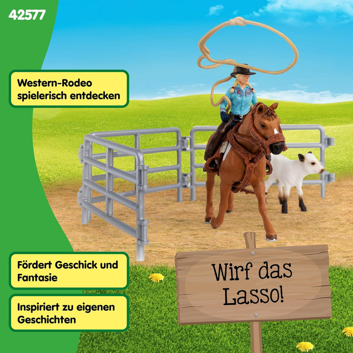 SCHLEICH Farm World | Westernreiten mit Cowgirl 42577 | Bauernhof Set mit Reiterin, Pferd, Kuh sowie