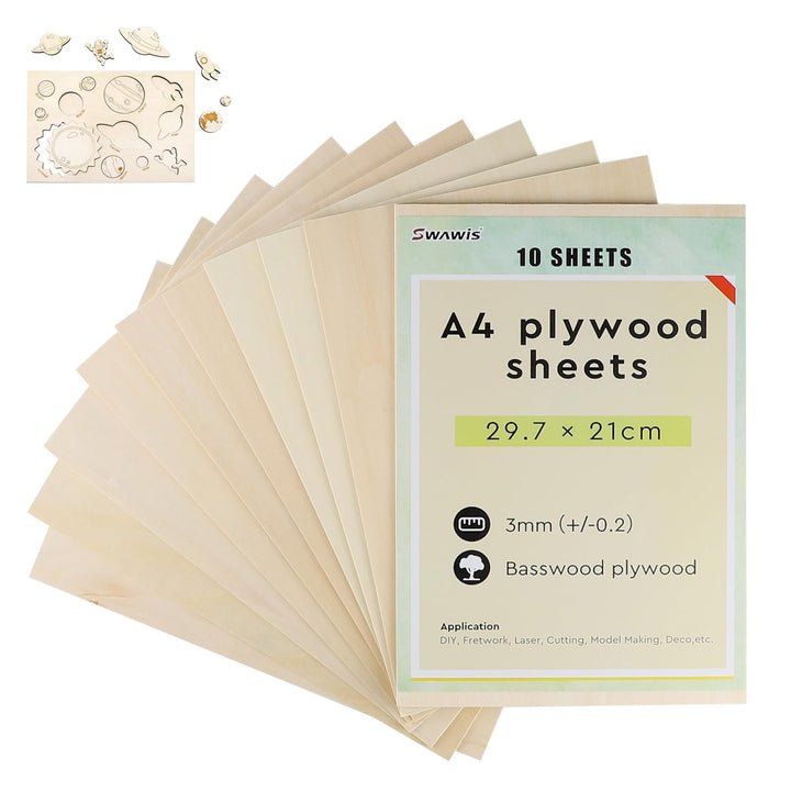SWAWIS 10 Stück A4 Sperrholzplatte 3mm, Sperrholz Lindenholz 300 * 210mm, Bastelholz-Platten, Holz P