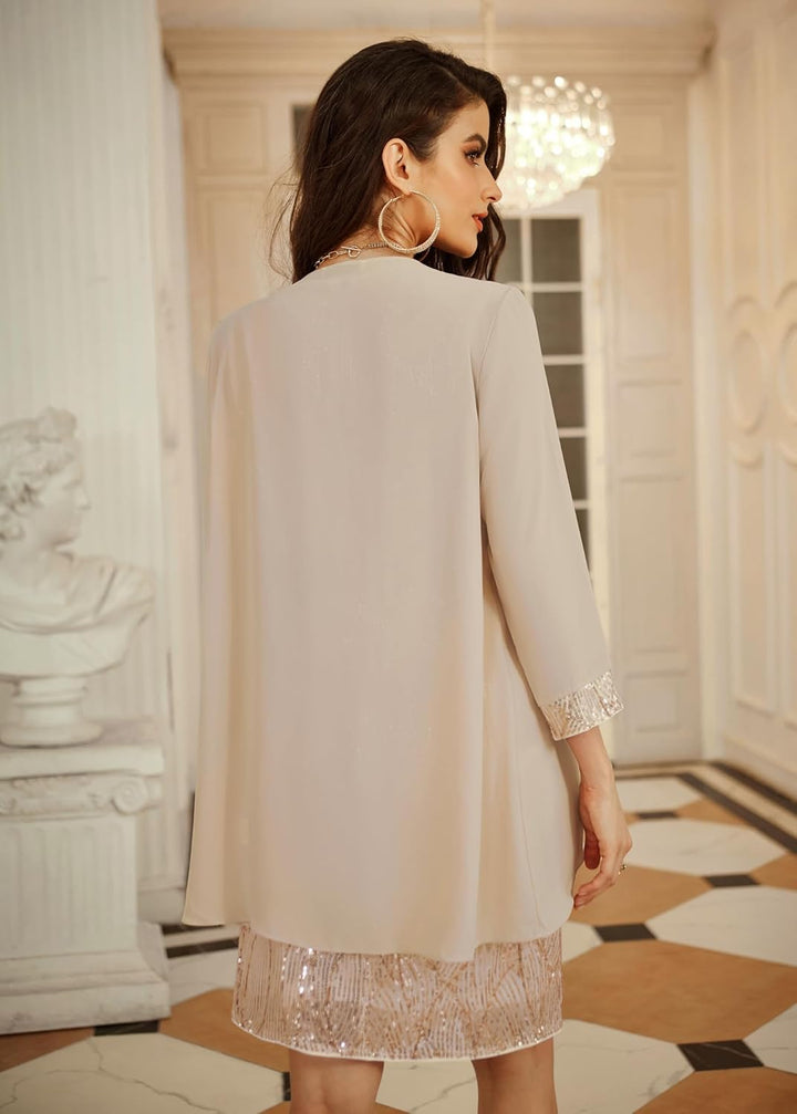 GRACE KARIN Damen Ärmelloses Rundhals Pailletten Cami Kleid Elegant Zweiteiler Tüll Cardigan Abendkl