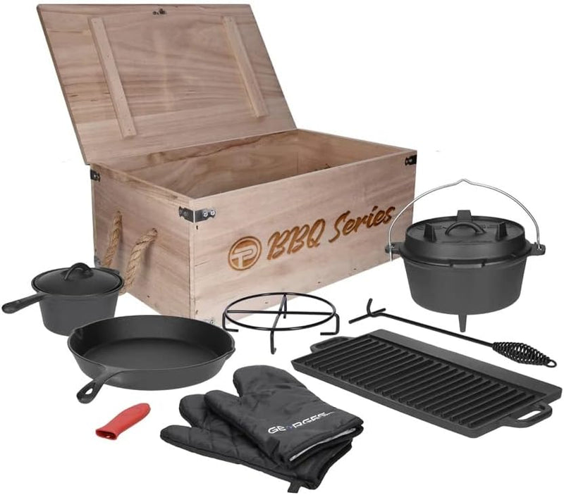 TALK-POINT TP Premium BBQ Set, Dutch Oven 9-teilig, Feuer-Topf, Bräter, Brat-Pfanne aus Gusseisen, K