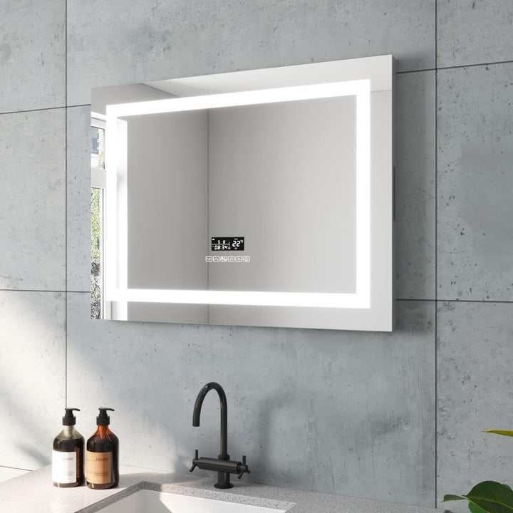 AQUABATOS Brussels-Serie Badspiegel Badezimmerspiegel mit Beleuchtung 80x60 cm Uhr Bluetooth Lautspr