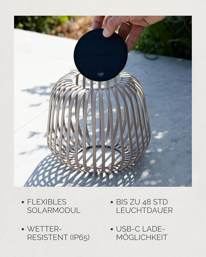 LUUK Studio Kabellose Tischlampe aufladbar via Solar & USB-C, modernes Boho Design, dimmbar & Windli