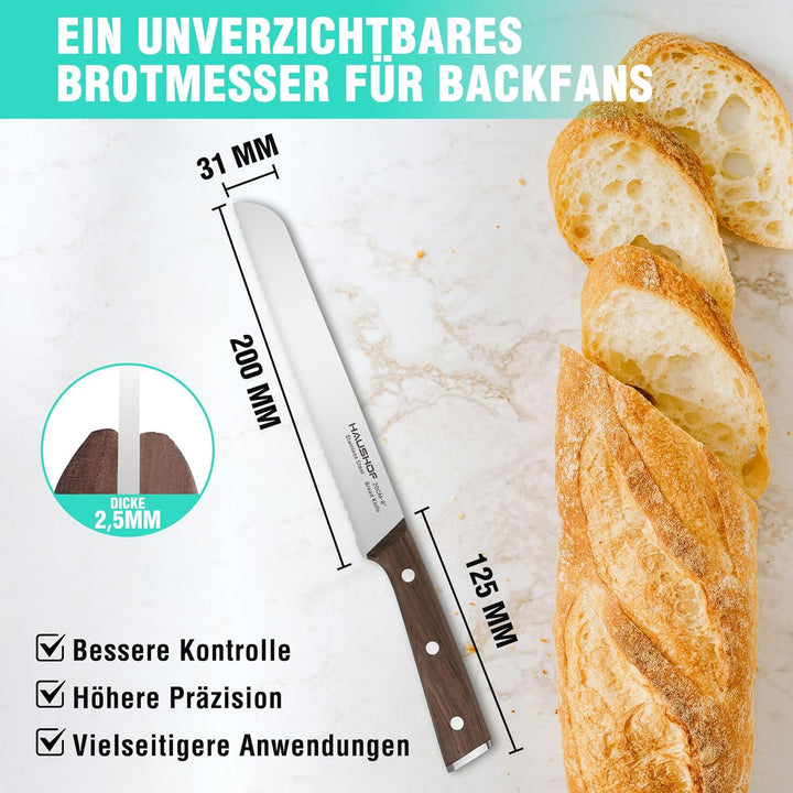 HAUSHOF Brotmesser mit Wellenschliff, Küchenmesser mit Holzgriff aus hochwertigem Edelstahl, Ultrasc