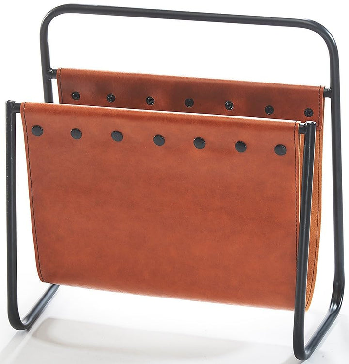 Kobolo Zeitungsständer Zeitungshalter aus braunem Leder und Metall 39x21x40 cm, 39x21x40 cm