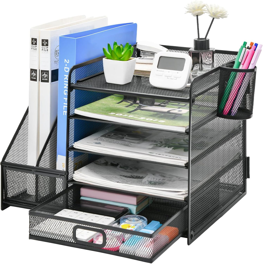 Marbrasse Schreibtisch Organizer mit Aktenhalter, 5 Ebenen Papier Briefablage mit Schublade und 2 St