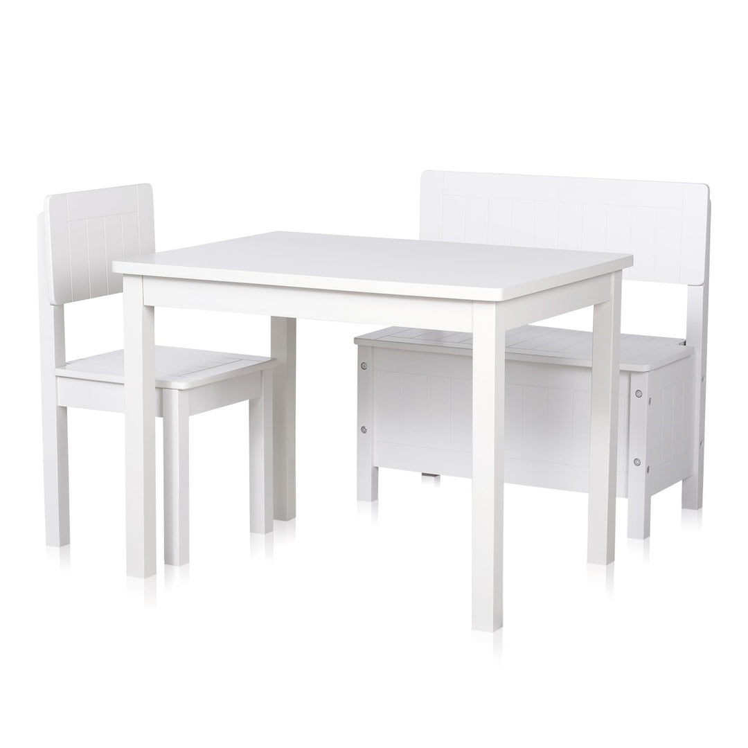 KHG Kinder-Möbel Set mit Tisch, Bank & Stuhl weiss Landhaus für Kinderzimmer, Pflegeleichte Oberfläc