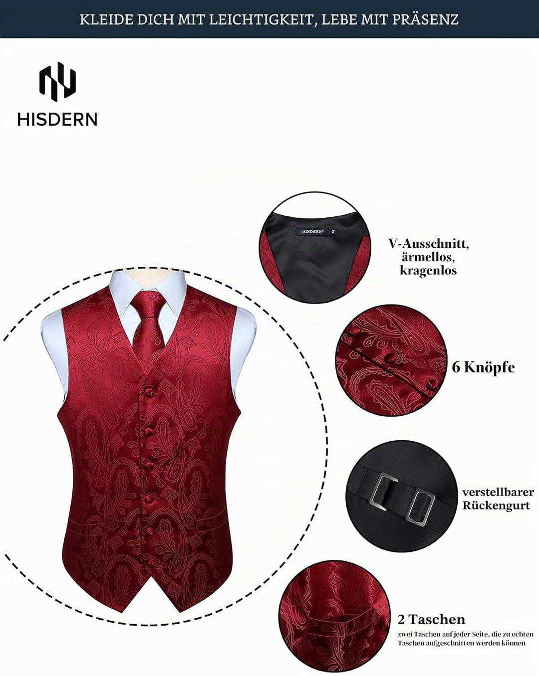HISDERN Herren FLoral Hochzeit Weste Krawatte Einstecktuch Taschentuch Jacquard Weste Anzug Set M Bu