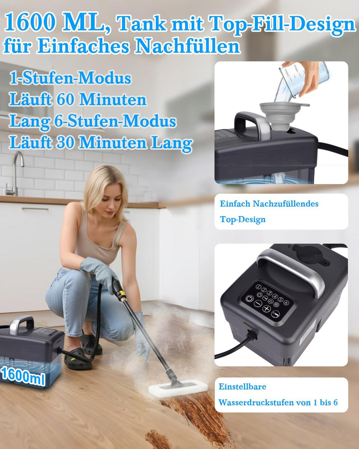Dampfreiniger Handgerät für Alles - 2500W 6-Stufig Einstellbar, 1,6L Wassertank, 120 °C Dampf, 15s A