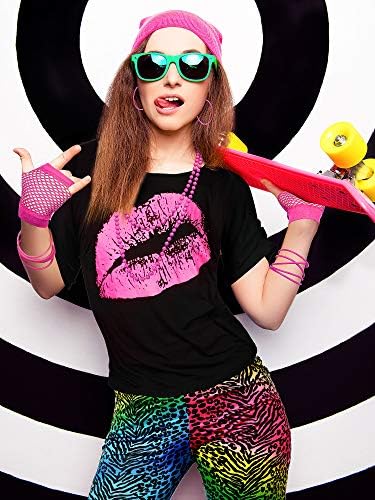 Blulu 80er Jahre Damen Kostüm Set, T Shirt, Legging Hose Ohrring Halskette Handschuhe Armband XL Far