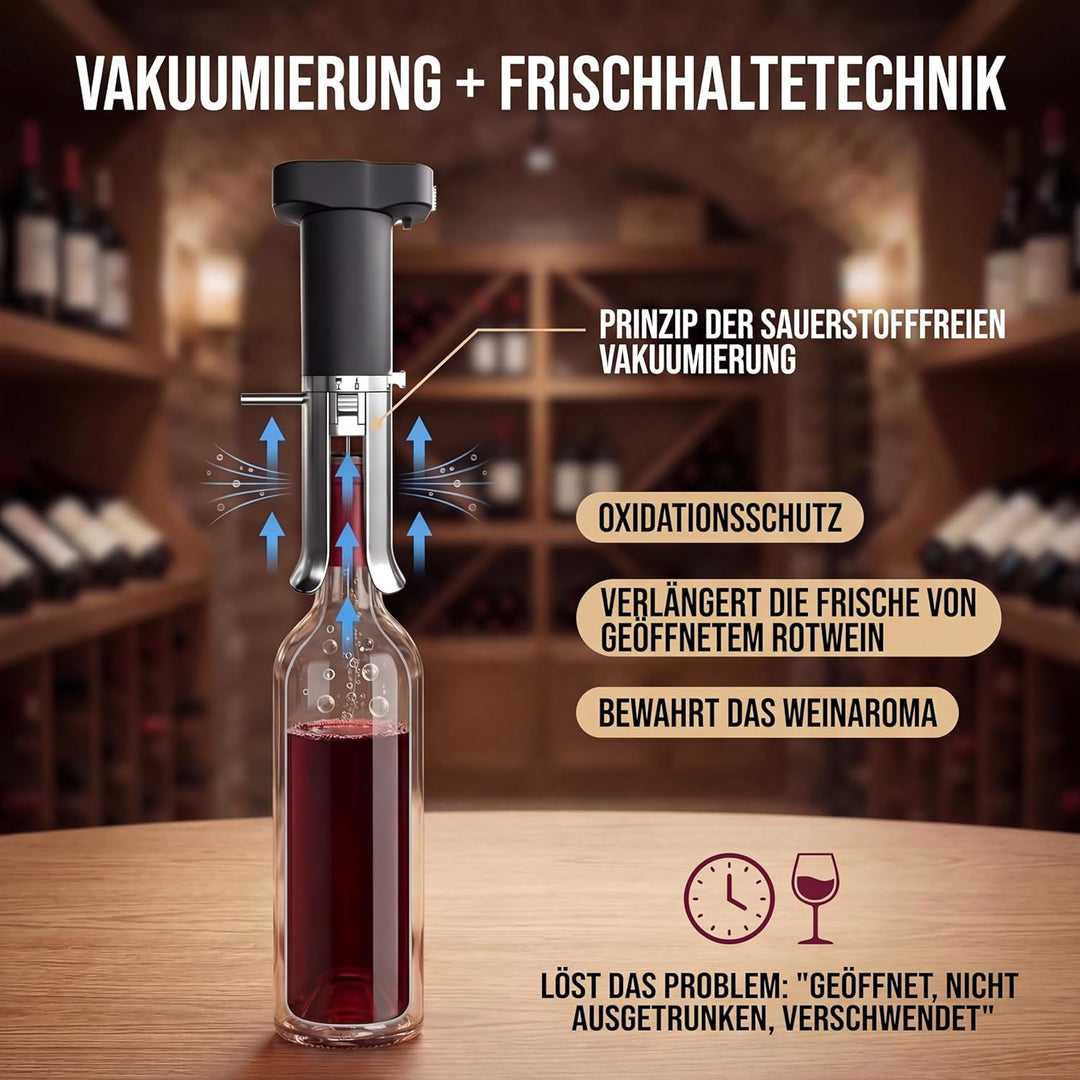Elektrischer Weindekanter mit Vakuumkonservierer, 3-in-1-Weinbelüfter und Ausgiesser, Vakuumversiege