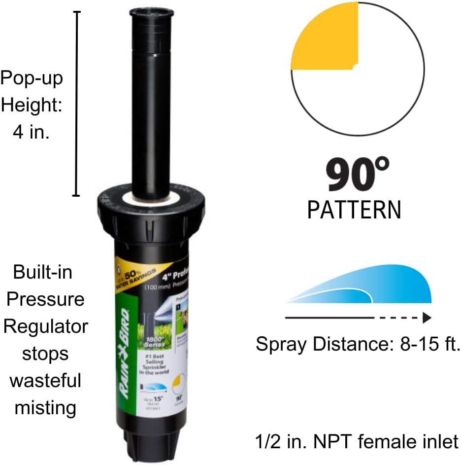 Rain Bird 1804QDSP25 Druckregulierender (PRS) Professioneller Doppelsprüh-Sprinkler, 90° Viertelkrei