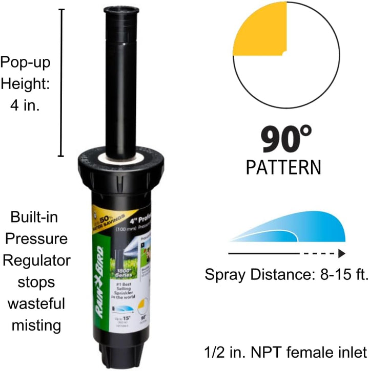 Rain Bird 1804QDSP25 Druckregulierender (PRS) Professioneller Doppelsprüh-Sprinkler, 90° Viertelkrei