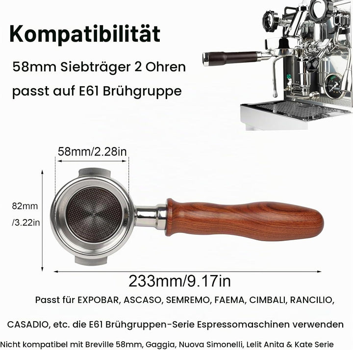 CAPFEI 58 mm bodenloser Siebträger mit 2 Ösen für E61-Brühkopf | Holzgriff