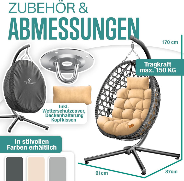 KESSER® Hängesessel mit Gestell Outdoor Indoor Schaukelstuhl Polyrattan 360° 150kg Tragkraft inkl. P
