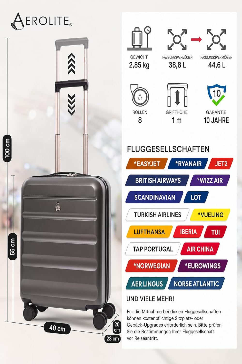 Aerolite ABS Hartschalen Trolley Koffer Reisekoffer mit 4 Rollen Cabin Kabin_handgepäck 55x40x20, Ca
