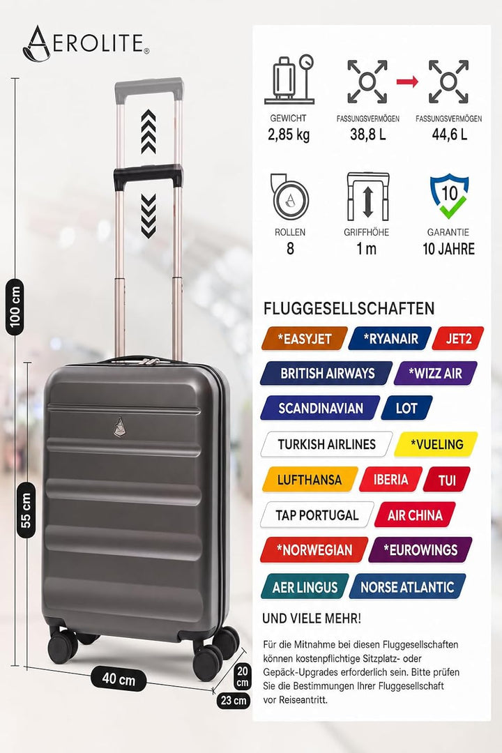 Aerolite ABS Hartschalen Trolley Koffer Reisekoffer mit 4 Rollen Cabin Kabin_handgepäck 55x40x20, Ca