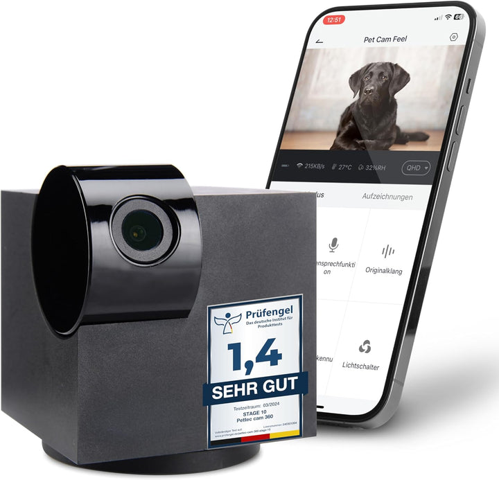 PetTec Cam 360° Hundekamera mit App, WLAN, Sprachfunktion & Nachtsicht für Zuhause - Haustier Überwa