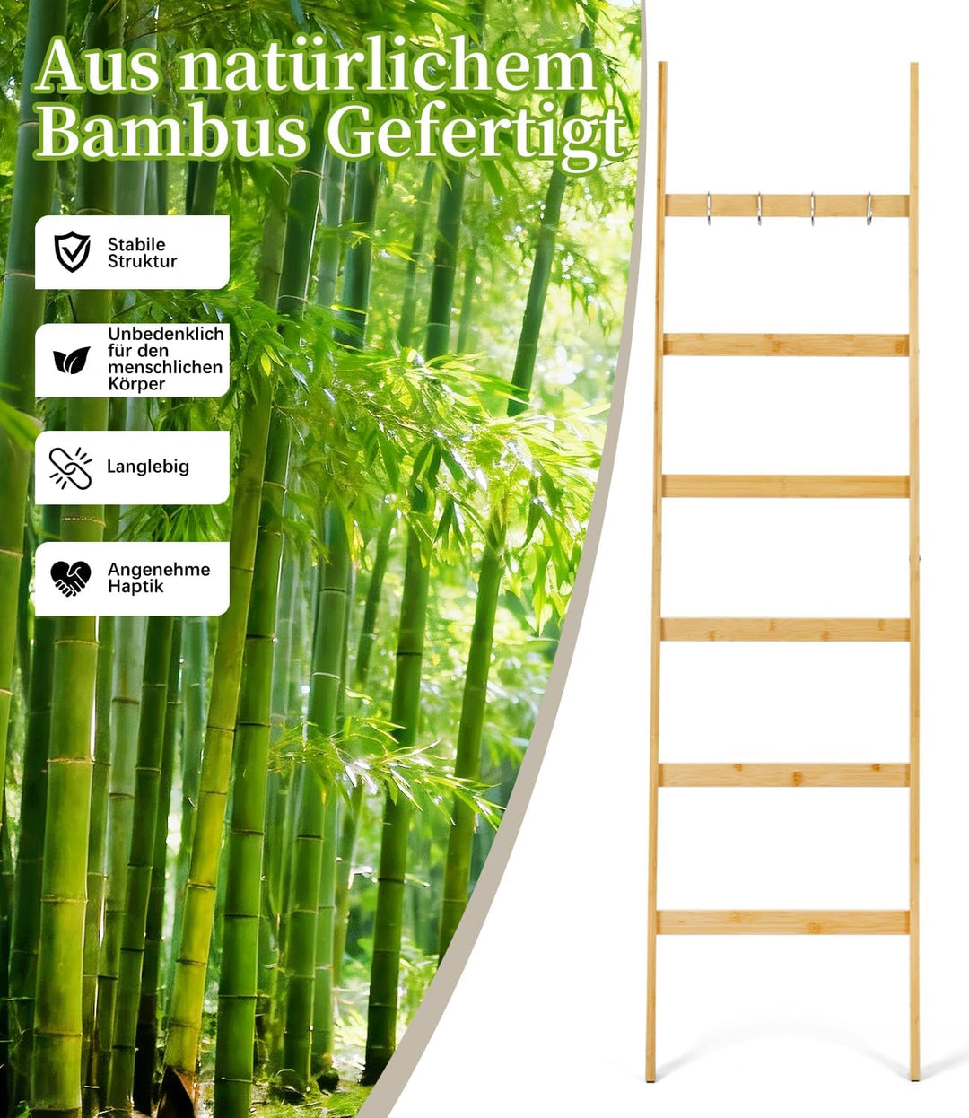 Handtuchleiter Bambus, Leiterregal mit 6 Sprossen und 4 Haken, Kleiderleiter Handtuchhalter Handtuch