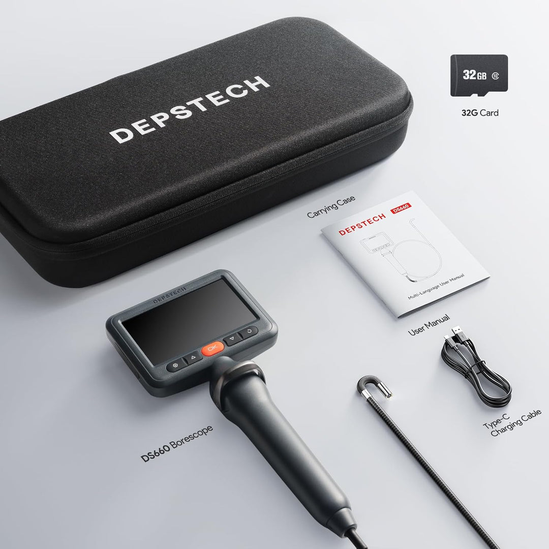 DEPSTECH 210° Drehbare Endoskopkamera mit Licht, 5" IPS-Bildschirm Endoskop Beweglicher Kopf, 6,2mm