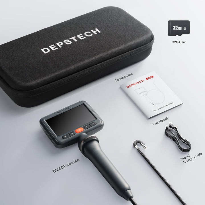 DEPSTECH 210° Drehbare Endoskopkamera mit Licht, 5" IPS-Bildschirm Endoskop Beweglicher Kopf, 6,2mm