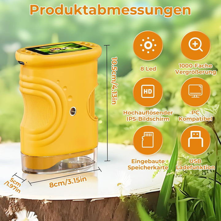 Digitales Mikroskop für Kinder, 1000X Vergrösserung mit 2.0" IPS Bildschirm, USB Wiederaufladbar und