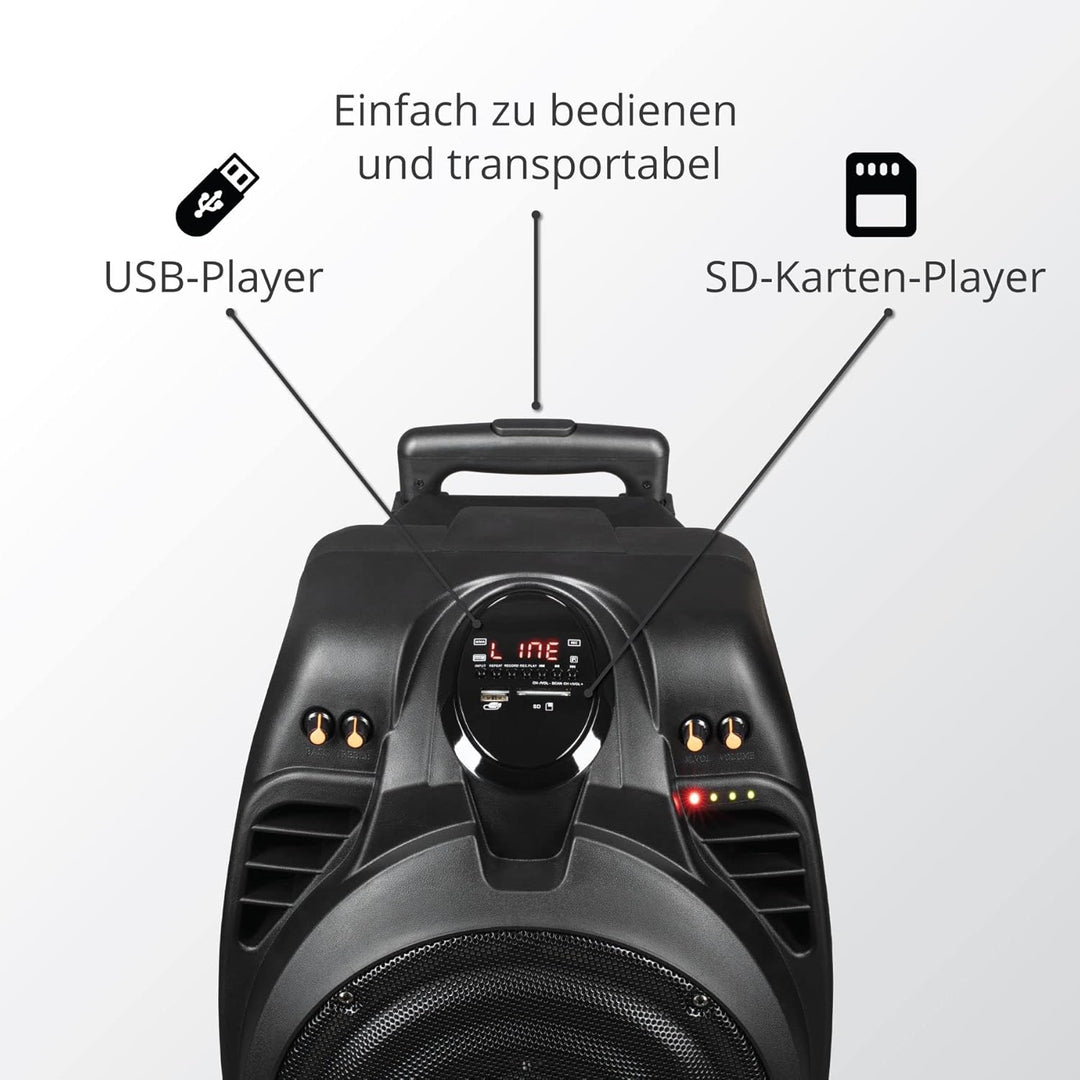 AKAI Party-Lautsprecher 2-Wege mit Karaoke-Mikrofon In/Outdoor Bluetooth AUX USB Akku Mikrofon/Gitar