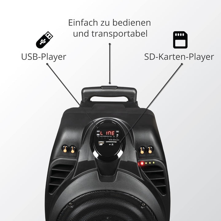 AKAI Party-Lautsprecher 2-Wege mit Karaoke-Mikrofon In/Outdoor Bluetooth AUX USB Akku Mikrofon/Gitar