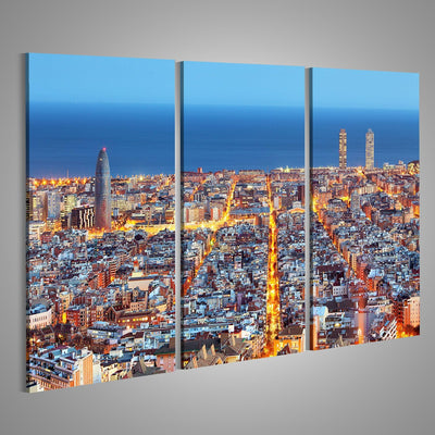 Bild auf Leinwand Barcelona Skyline Luftbild In Der Nacht Spanien Wandbild Poster Kunstdruck Bilder