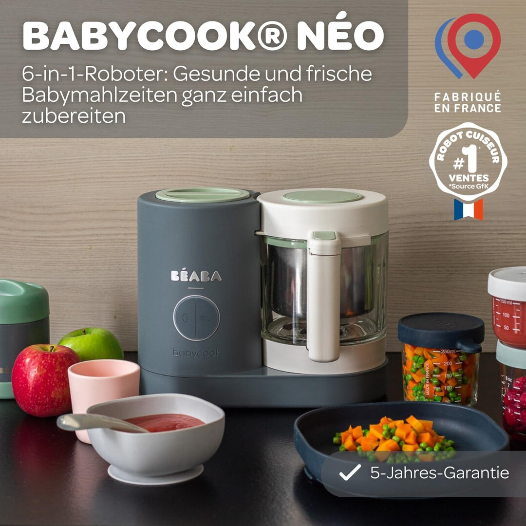 Béaba - Babycook Neo - 6 in 1 Babynahrungszubereiter - Schonender Dampfgarer - Glaskrug und Garkorb
