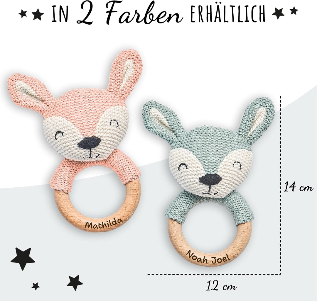 Personalisierter Beissring aus Holz für Babys - Niedlicher Greifling mit Name - Babyrassel und schön