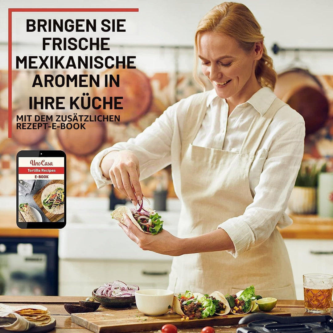 Uno Casa Tortilla Presse 25 cm aus Gusseisen – Taco Presse und Roti Maker - Plus 100 Blatt Backpapie