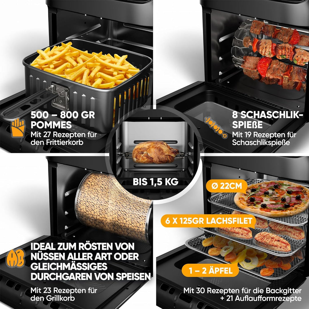 Stillstern Heissluftfritteuse 12L mit LED-Touchscreen, 120 Rezepte auf Deutsch, 12 Programme, Vorhei