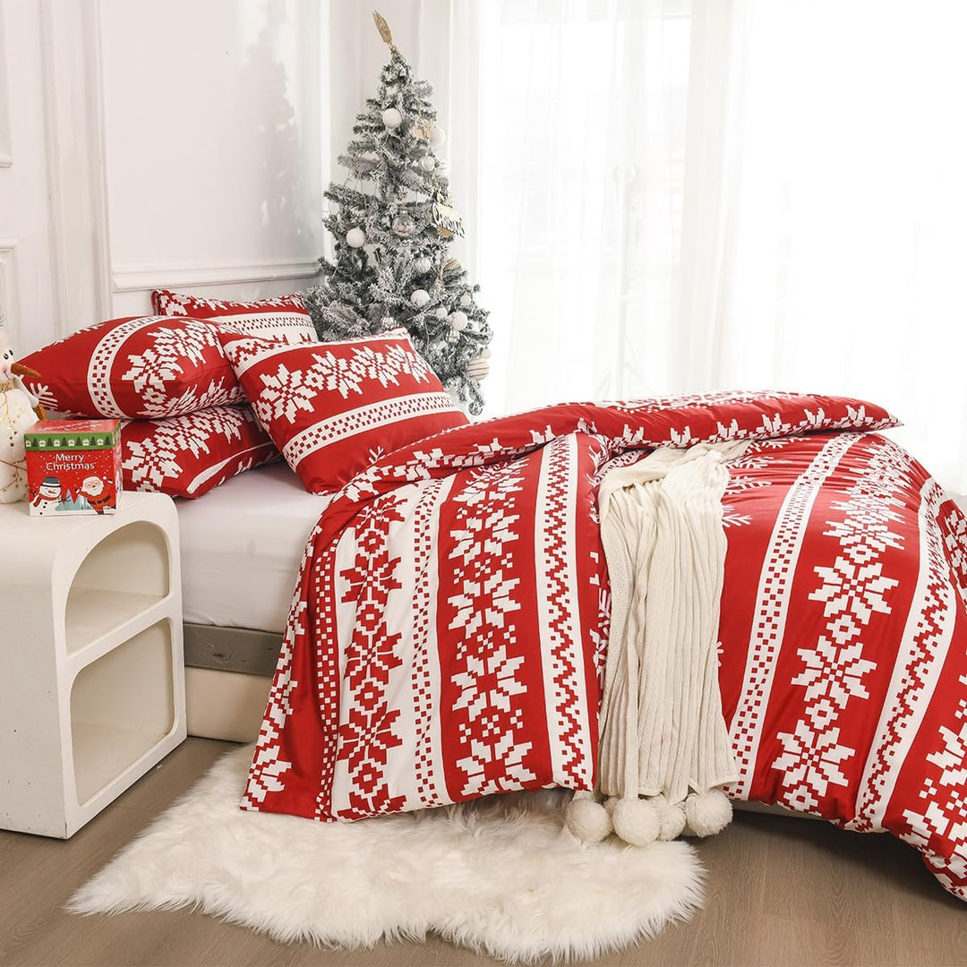 DXHOME Weihnachten Bettwäsche Set 135x200cm Rot Wintermotiv Schneeflocken Weiche Mikrofaser Teenager