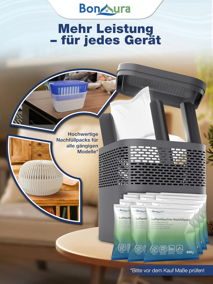 BonAura® AirOne Lite Luftentfeuchter Nachfüllpack I 12er Set 450g Luftentfeuchter Granulat I Entfeuc