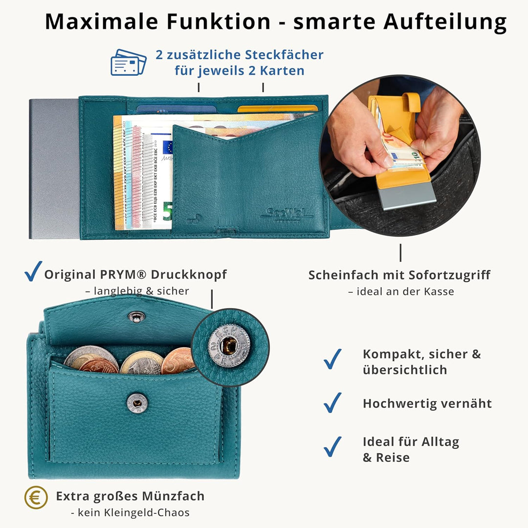SecWal Kartenetui mit Münzfach Druckknopf inkl. Geschenkbox - Made in Germany - Echtleder Mini Geldb