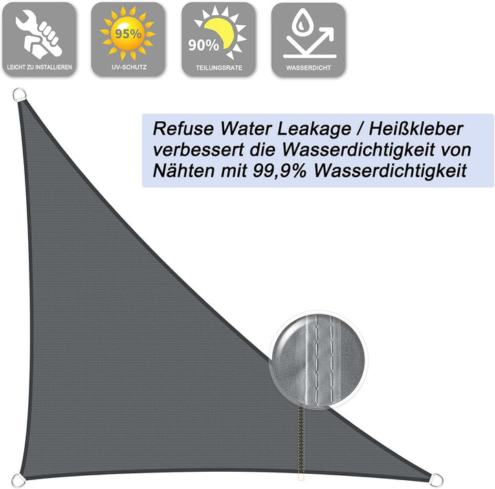 Sunnylaxx 5x5x7m Sonnensegel Dreieckig, Wasserdicht Sonnenschutz Sunsegel Color Anthrazit, 95% UV-Sc
