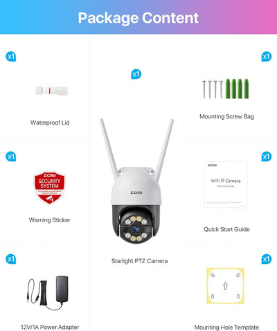 ZOSI 3MP 2K Pan/Tilt Überwachungskamera Aussen WLAN, 355°/140° Schwenkbar WiFi IP Kamera mit Plug-in