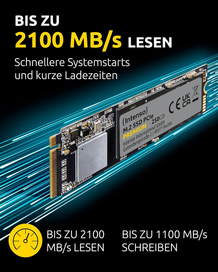 Intenso 250GB M.2 SSD PCIe Premium, bis zu 2100 MB/s, (PCI Express Gen.3x4 NVMe 1.3, Solid State Dri