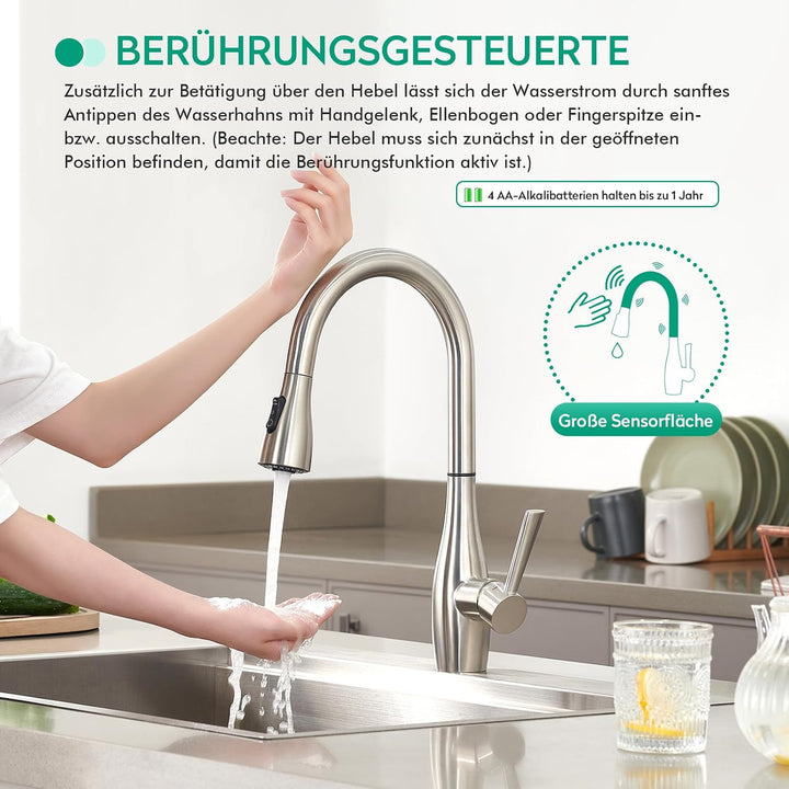 CREA Touch Sensor Wasserhahn Küche, Küchenarmatur mit Ausziehbarer Brause, Mischbatterie Küche mit 3
