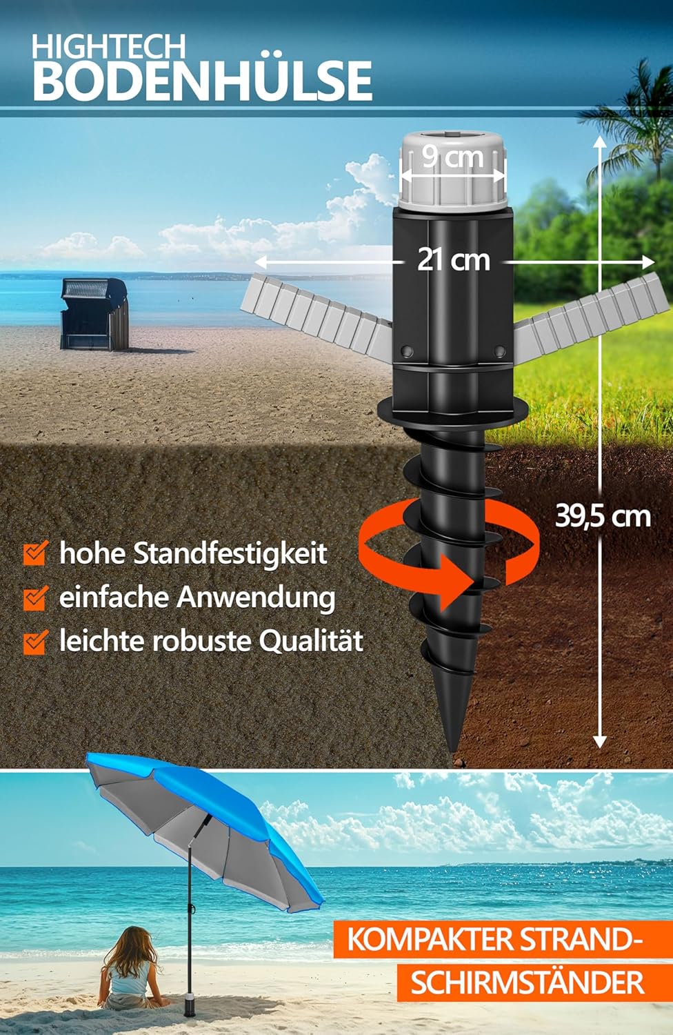 4smile Sonnenschirm Strand SunnyJoy Ø 160 cm, 3er Set - Strandschirm mit UV Schutz 50+, inkl. Sonnen