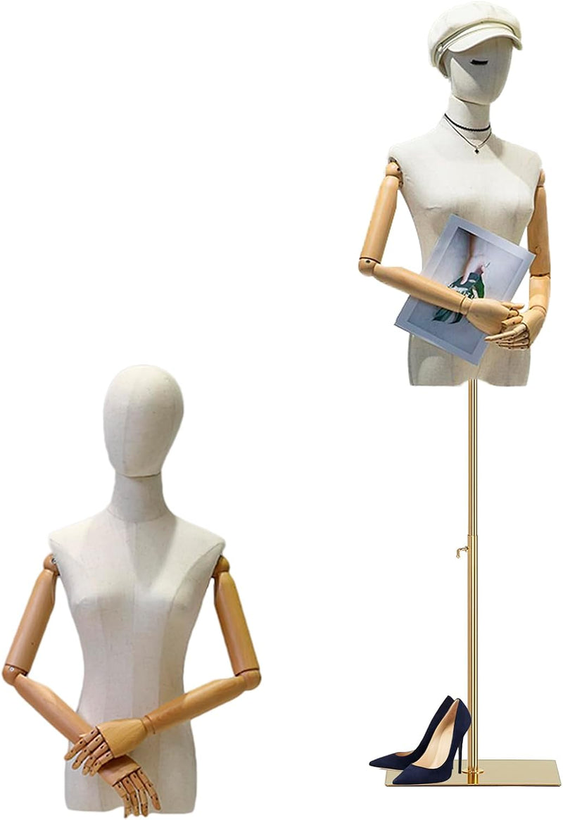 pujindu Schaufensterpuppe Körper Weiblich, Schneiderpuppe Torso mit Hölzernen Arm Abnehmbarer Kopf,